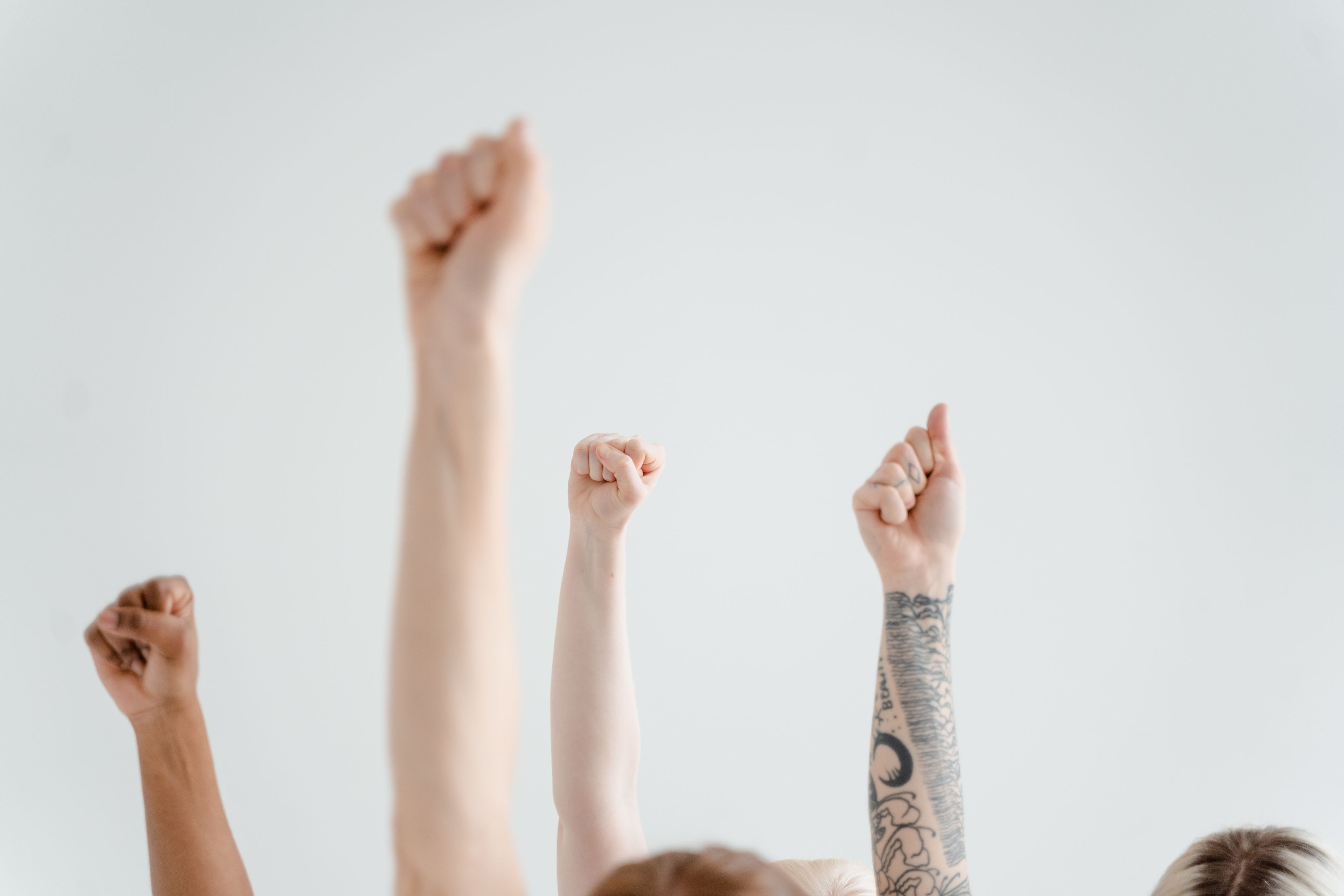 Hands raised in solidarity, symbolizing unity and protest against a plain background.