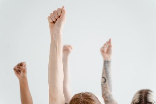 Free Dynamic image of diverse raised fists symbolizing empowerment against a white background. Stock Photo