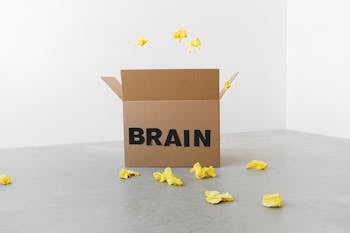 Crumpled yellow paper pieces on floor near carton box with Brain title on white background