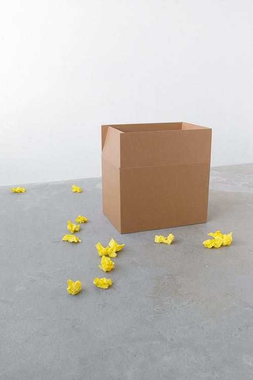 Open carton container and creased yellow paper pieces on floor in new house on white background