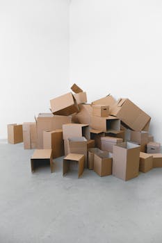 A stack of various sized cardboard boxes in an empty room with a white background.
