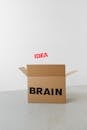 Open carton container with Brain and Idea titles representing intelligent thought on floor on white background