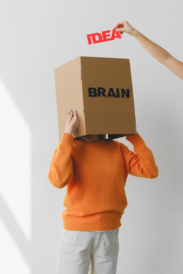 Crop person putting Idea title in cardboard box with Brain inscription on head of female on light background