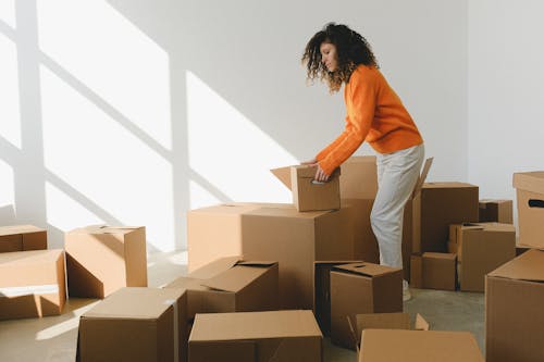 Side view of concentrated young lady with curly hair in casual clothes packing and arranging cardboard boxes while preparing for moving into new apartment in daylight