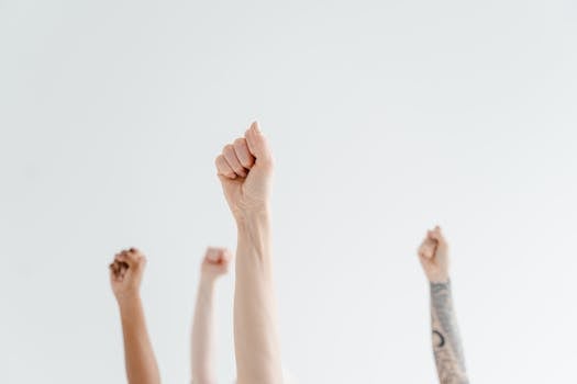A group of diverse hands raised in solidarity, representing unity and empowerment.