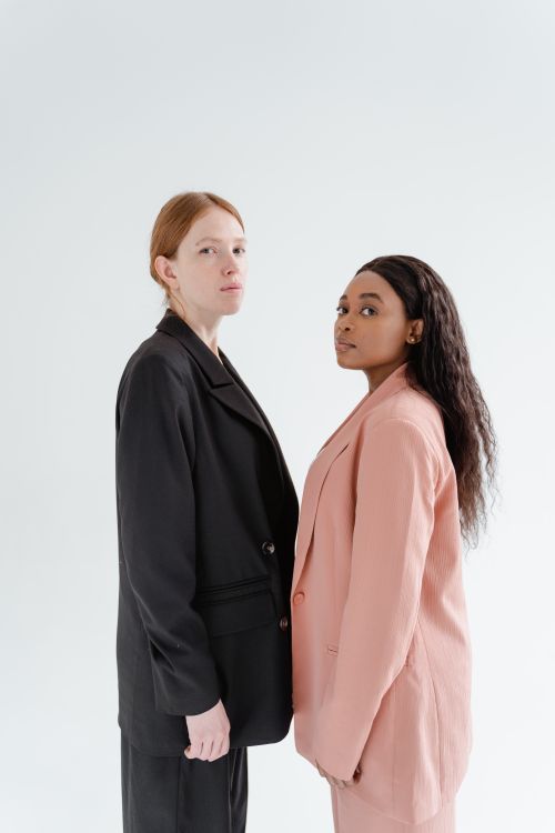Free Elegant portrait of two women in business attire on a white backdrop, showcasing diverse professional fashion. Stock Photo