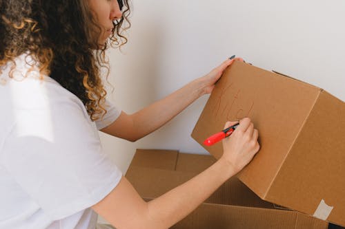 Woman in White T-shirt Holding Brown Cardboard Box