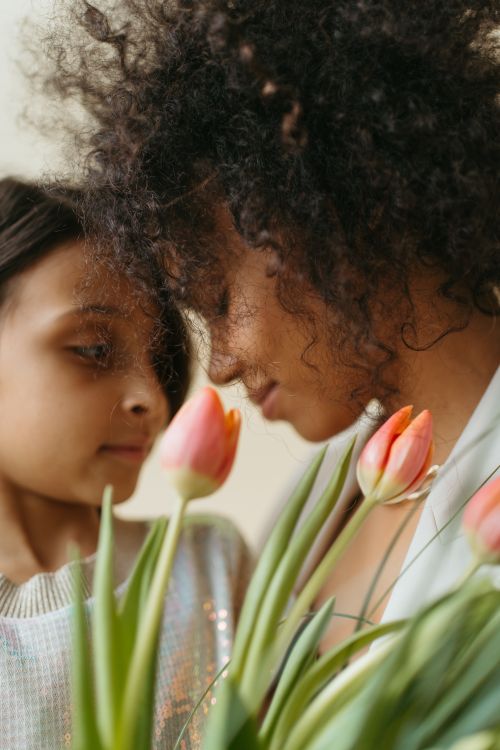 Free A loving embrace between a mother and daughter surrounded by vibrant tulips. Stock Photo