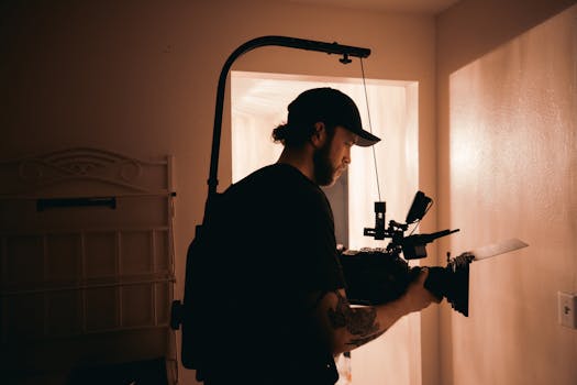 Silhouette of a cinematographer working with camera equipment on a film set indoors.