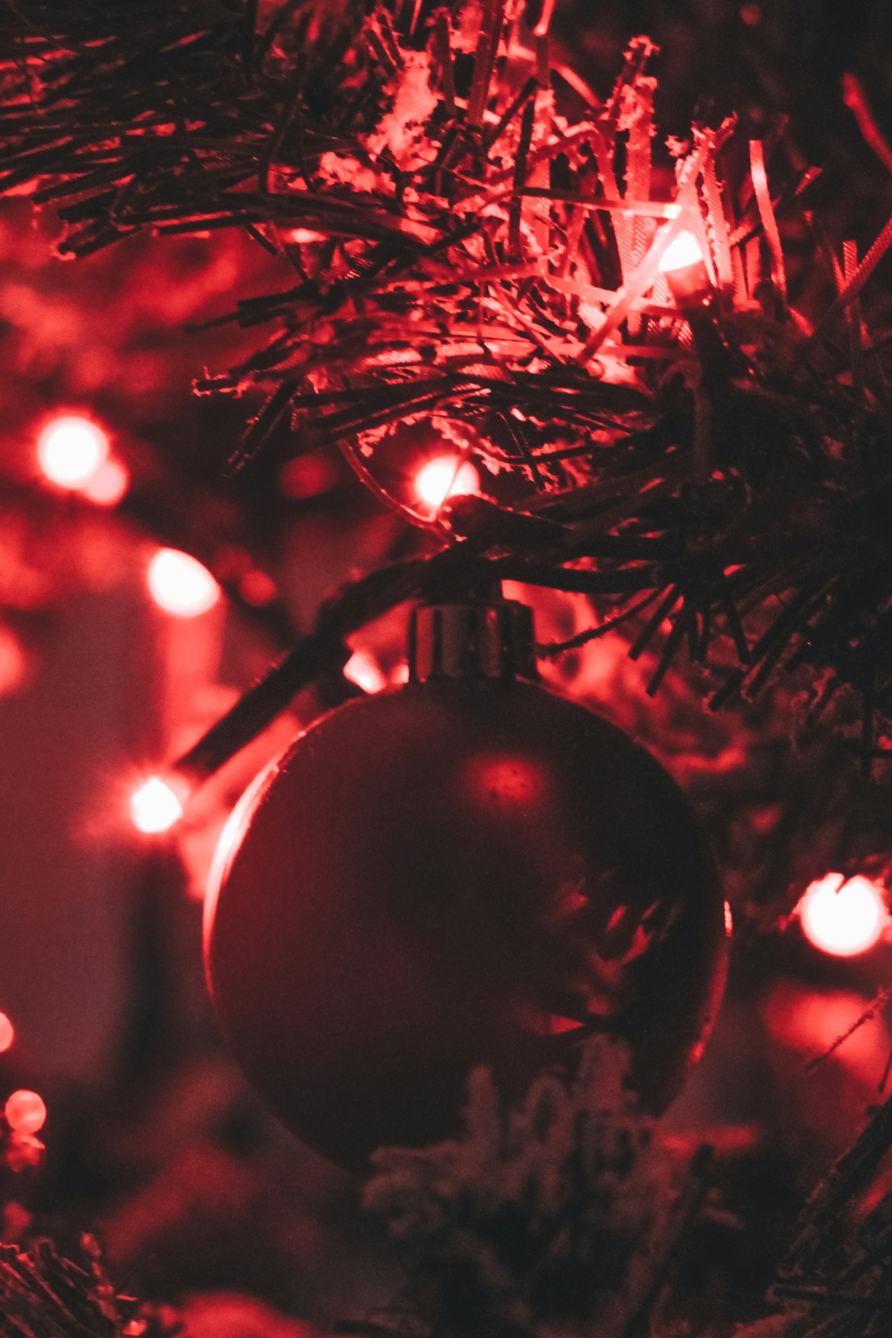 red bauble attached on a pre lit tree