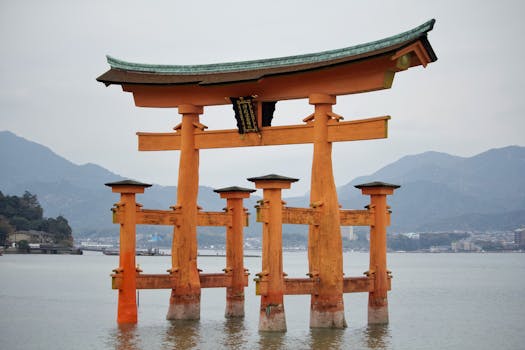 Iconic floating torii gate of Itsukushima Shrine in Miyajima, Japan.