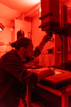 Photographer adjusting enlarger in a red-lit darkroom, focusing film.