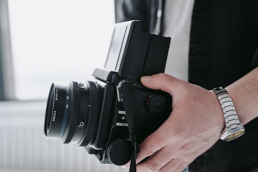 Close-up of a vintage film camera in a photographer's hand, evoking nostalgia and classic photography.
