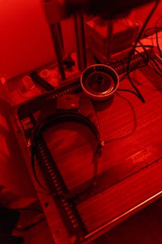 A detailed view of a vintage film photography workspace illuminated by red light, highlighting analog equipment.