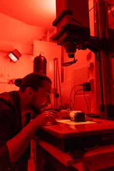 Photographer developing film in a red-lit darkroom, focusing intently.