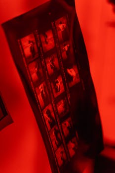 Film negative of a photoshoot displayed under red light in a darkroom, evoking nostalgia for classic photography.