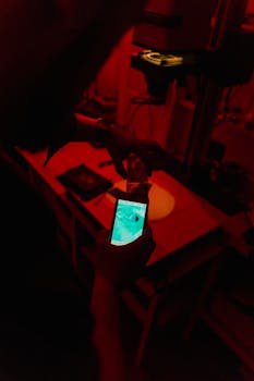 A person examines film negatives in a vintage darkroom under red light.