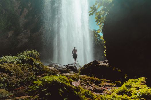 A man stands in awe before a majestic waterfall in a vibrant, lush forest setting.