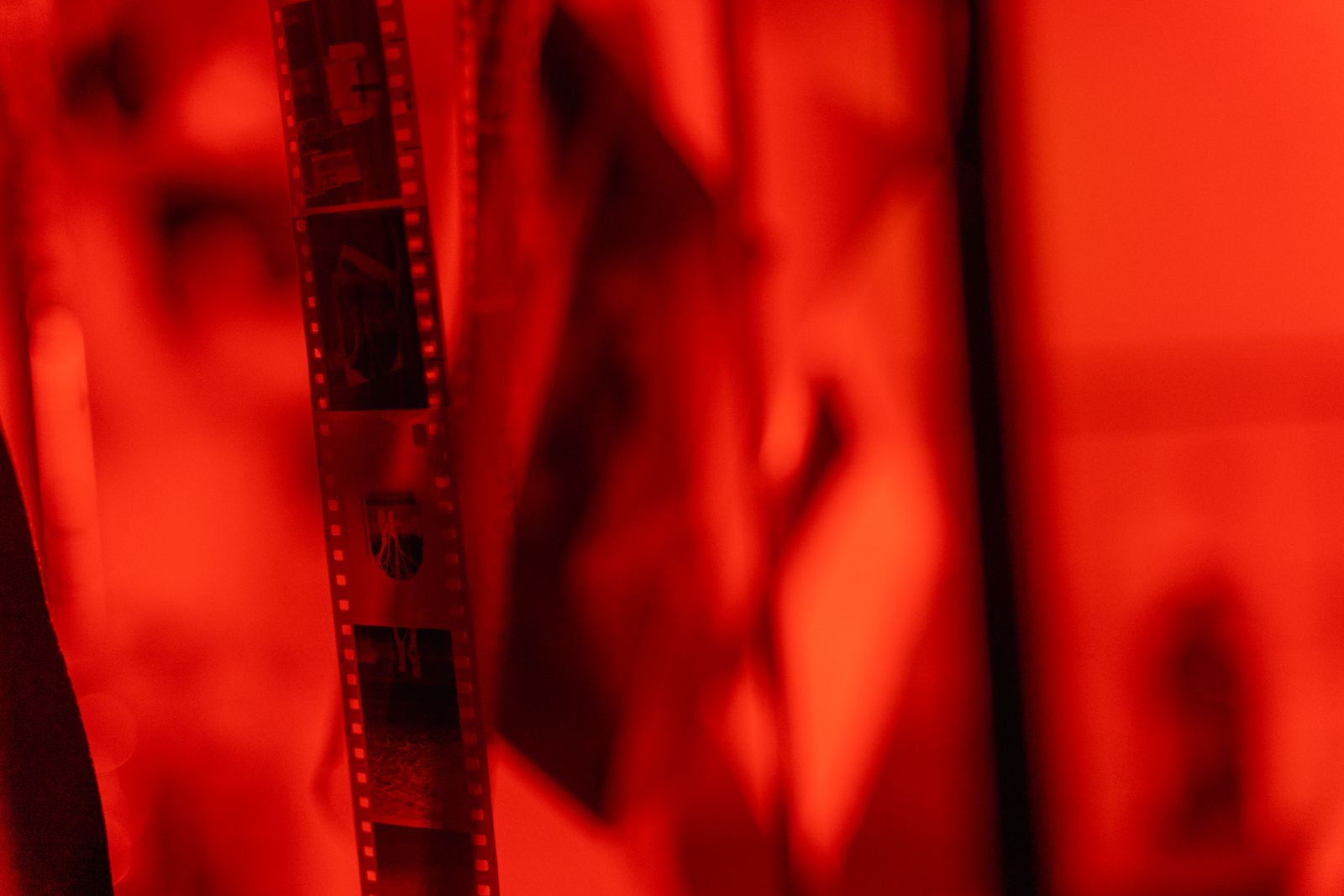 Close-up of film negative strips hanging in a darkroom under red light, evoking the hidden structured directory inside every photo file