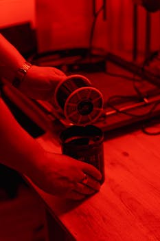 Hands developing film in a dimly lit darkroom setting.