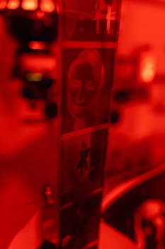 Artistic shot of vintage film negative illuminated by red light in a darkroom setting.