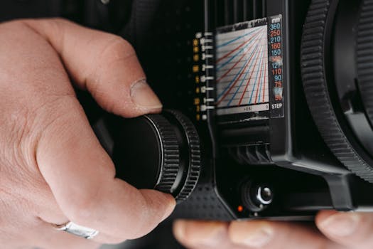 Detailed close-up of a hand adjusting the settings on a professional camera.