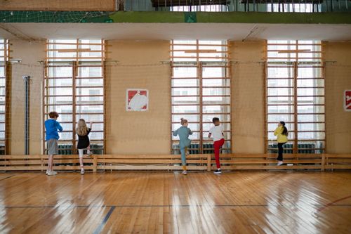 Free Kids enjoying a fun climbing activity in a school gym, practicing teamwork and physical education. Stock Photo