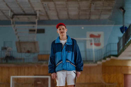 Male sports coach in blue jacket standing indoors in a gym, looking directly at camera.