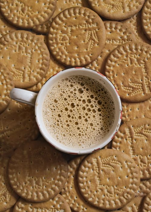 Free Top view of a frothy coffee cup placed amidst a spread of digestive biscuits. Stock Photo