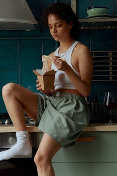 A young woman enjoying noodles with chopsticks in a modern kitchen setting, captured indoors.