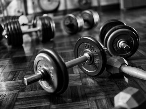 Black and white photo of gym dumbbells on a wooden floor, emphasizing strength and fitness.