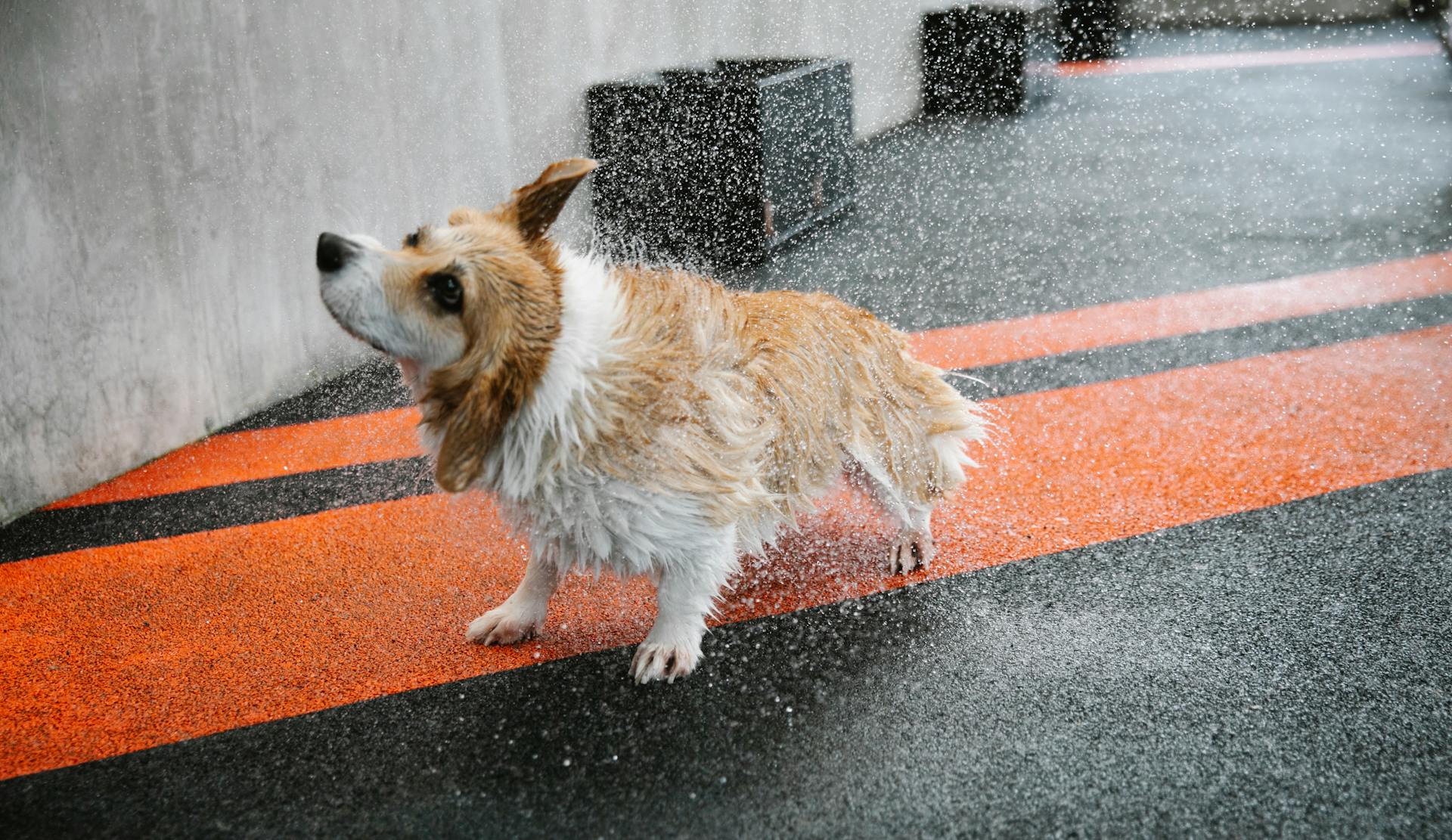 Een raszuivere hond schudt water af op de stoep .