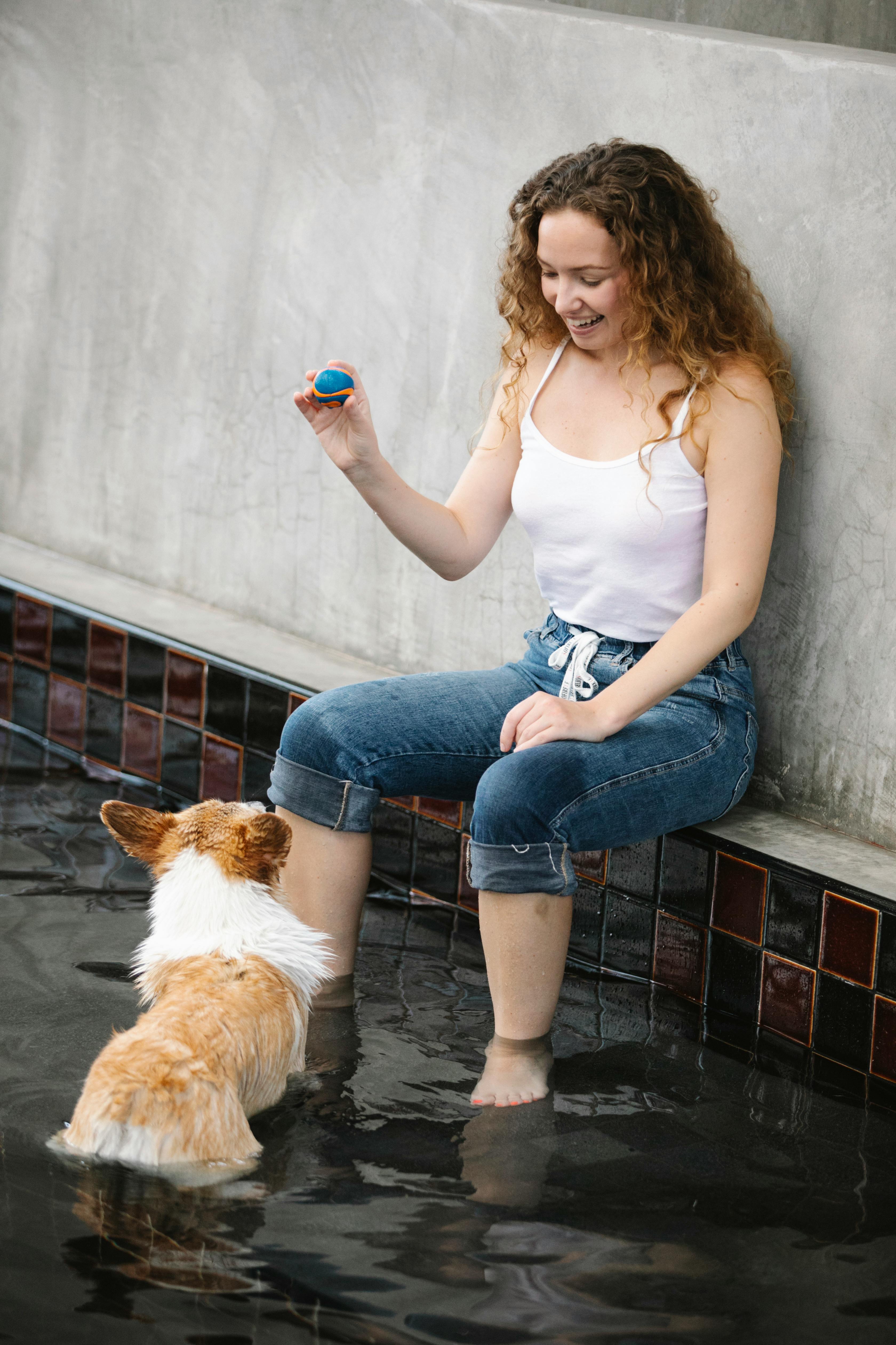 Cheerful woman with ball taming purebred dog in pool