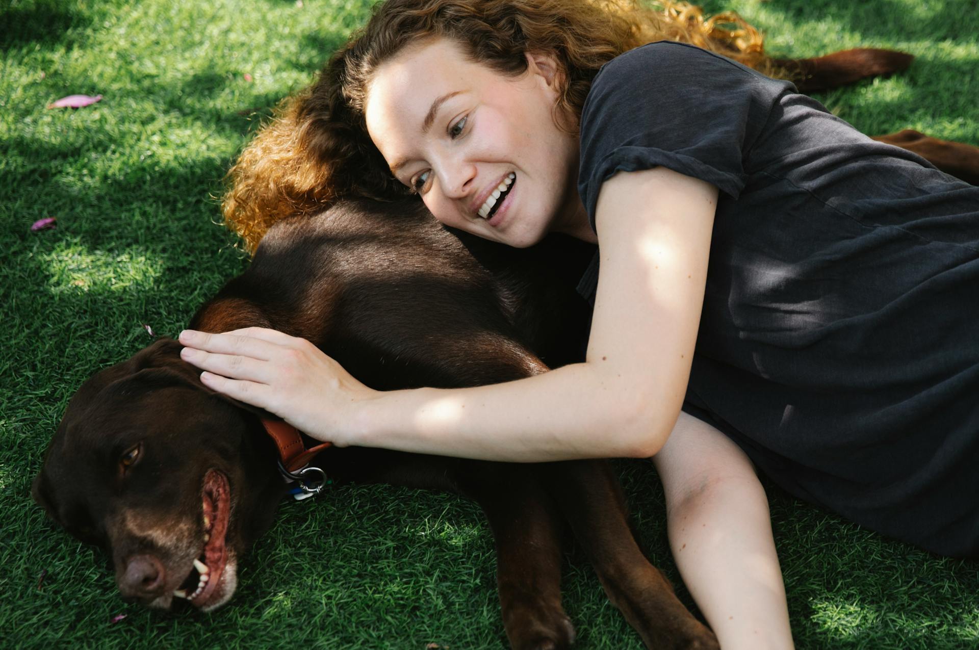 Cheerful adult woman in t shirt stroking bird dog while lying on meadow in summer