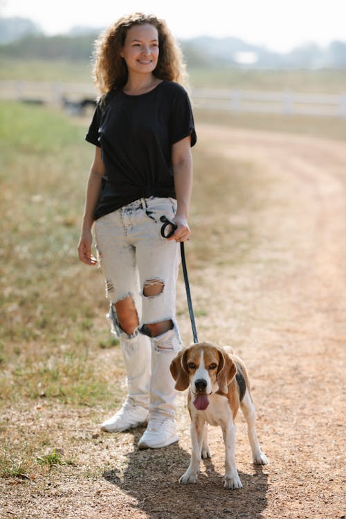 Woman with curious beagle in countryside