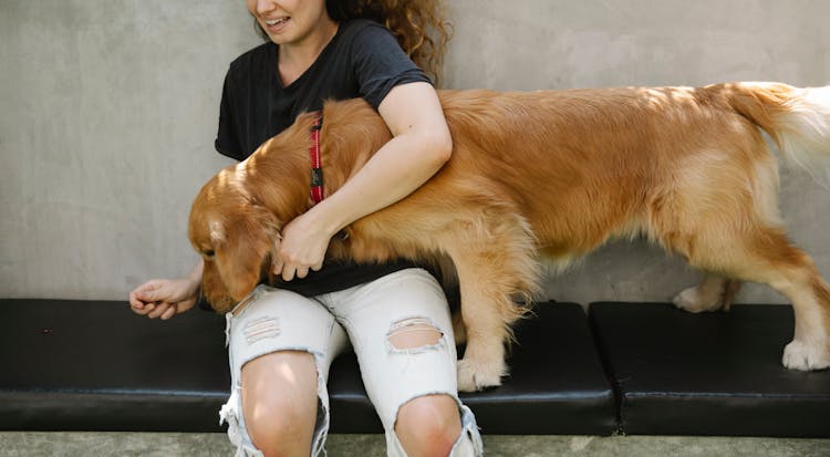 Happy Female Owner Hiding Snacks From Dog During Training