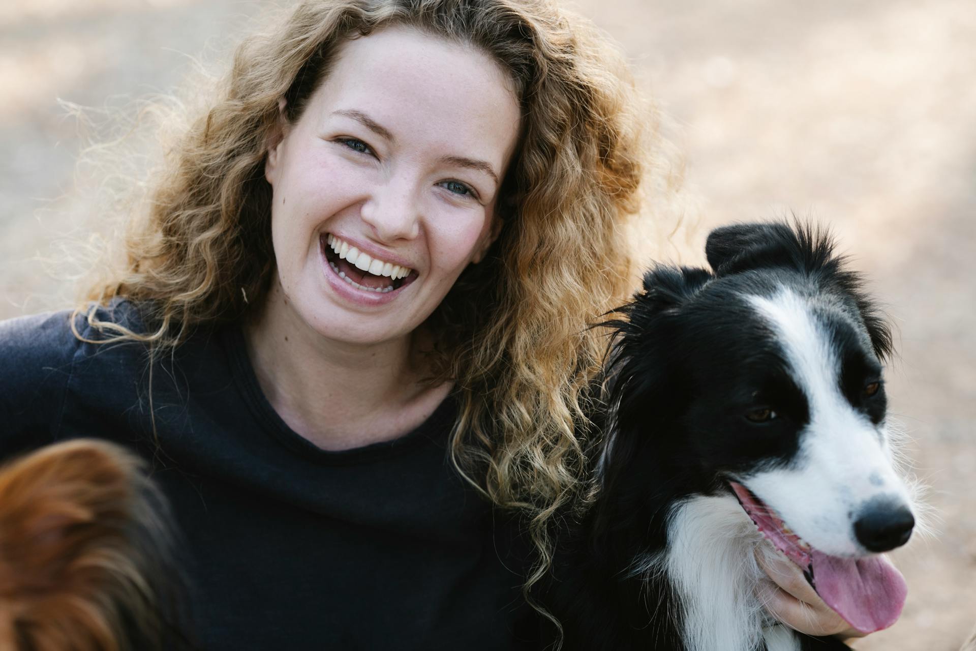 Young female owner with curly hair looking at camera and smiling while embracing obedient dogs in countryside