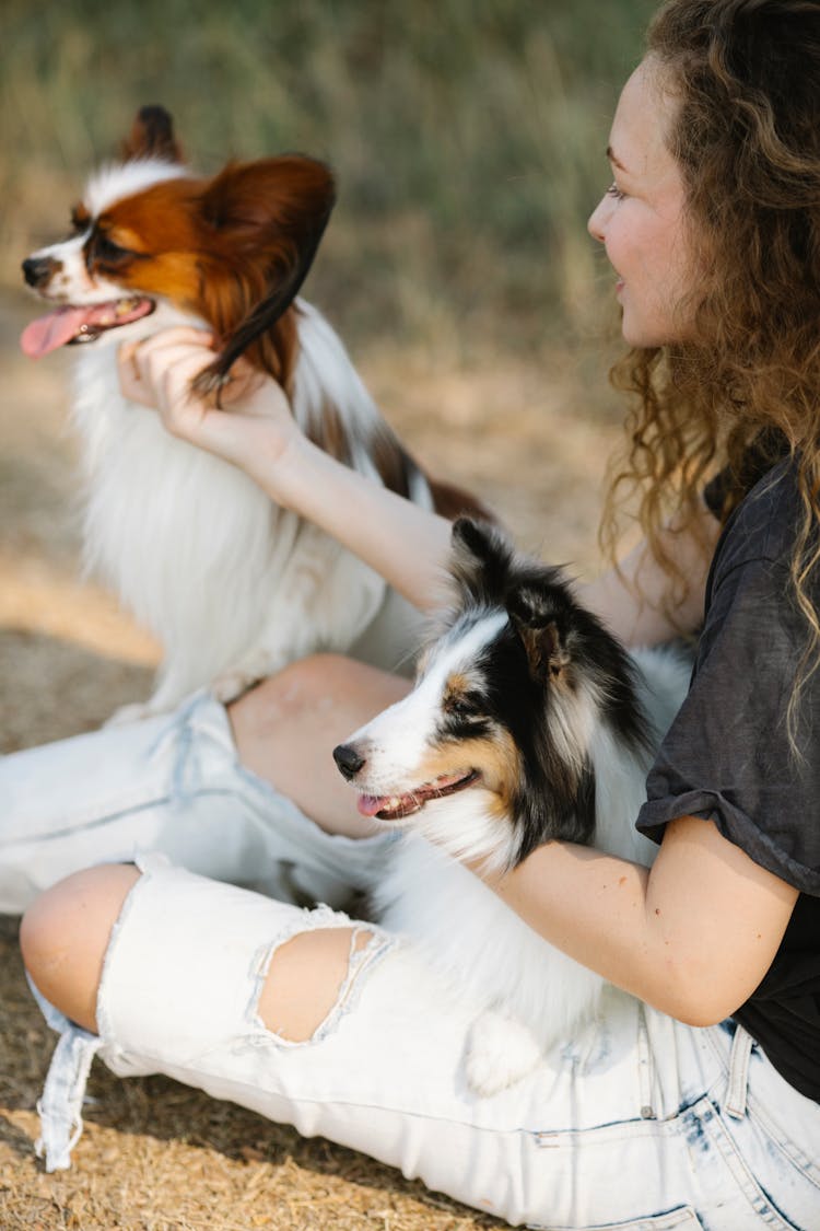 Woman Petting Two Beautiful Dogs Outdoors And Smiling 