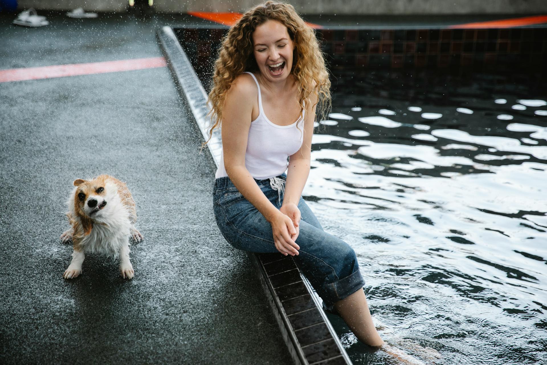 Positive female sitting on poolside against small purebred dog shaking off water from wet fur in daytime