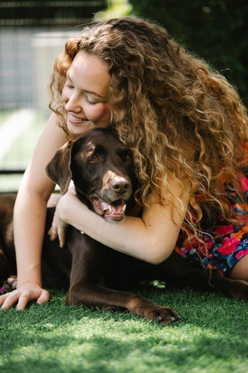 Sincere female with curly hair embracing adorable purebred dog with smooth coat on meadow in sunlight
