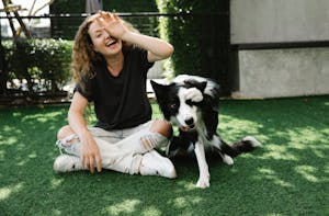 Cheerful female covering eye while sitting with crossed legs against purebred dog and looking at camera on meadow in sunlight