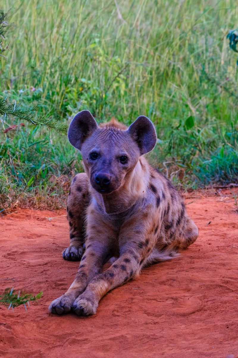A spotted hyena lying on red African soil, representing Fisi from the folk tale