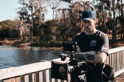 Man in Black Shirt Filming on Set