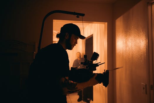 Cinematographer using advanced camera rig indoors with warm lighting.