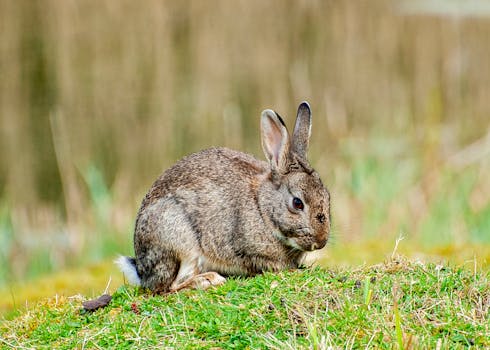 A wild rabbit sitting in a lush green field, captured in a close-up view that highlights its fur.