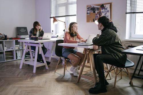 Free Young professionals collaborating in a casual office setting, using laptops and discussing projects. Stock Photo
