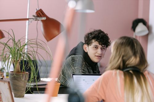 Free Two young professionals in a modern office space, discussing work over laptops and plants. Stock Photo