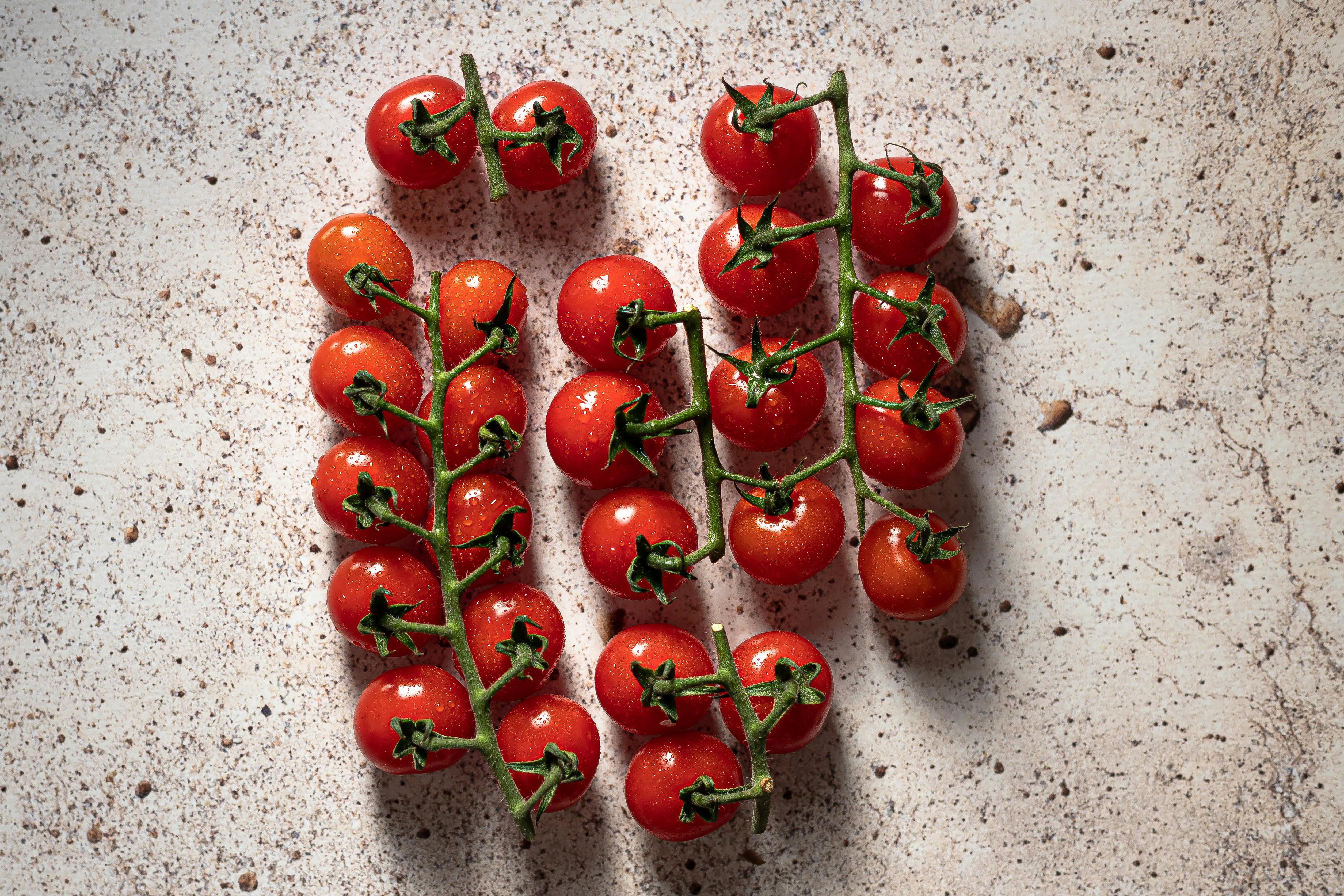 High-angle view of fresh cherry tomatoes with water droplets on a rustic textured surface.