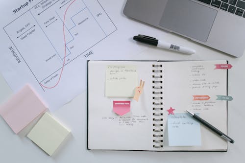 High-Angle Shot of a Notebook and a Pen Beside a Laptop