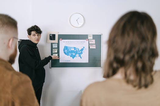 Business team discussing tech startup strategy in office meeting.